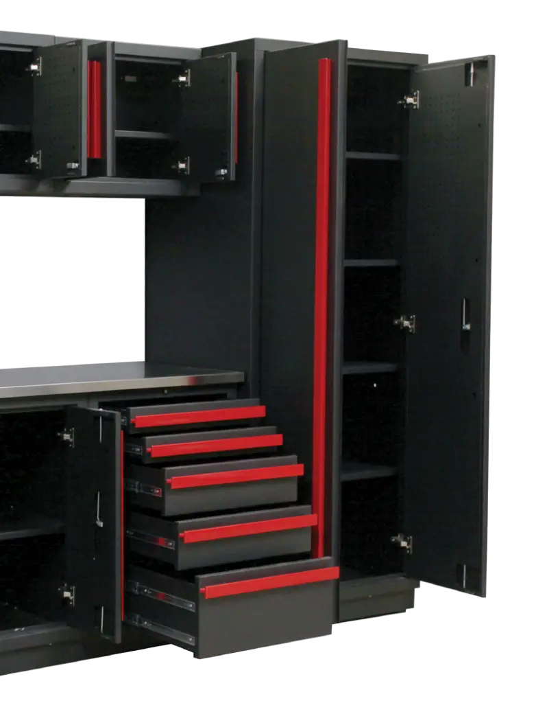 A black modular storage cabinet with multiple open compartments, drawers, and shelves. The red-handled drawers complement the unit, which includes a tall section with shelves and a door on the right side. Ideal for garage organization, it offers versatile storage solutions.