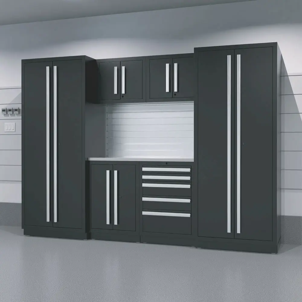 A modern, sleek gray storage system with tall cabinets on either side and smaller cabinets, drawers, and a workspace in the middle. Ideal for a garage, the cabinets and drawers feature vertical silver handles. The unit is positioned against a gray wall with horizontal lines.