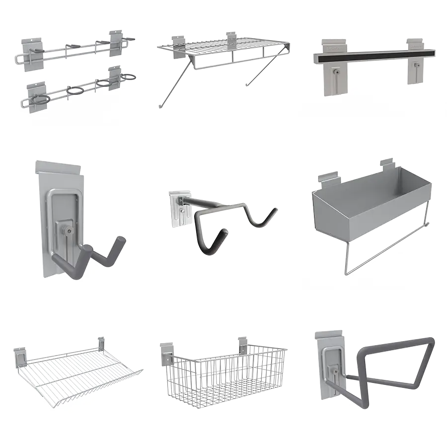 A 3x3 grid displaying various wall-mounted storage solutions. Items include hooks, shelves, and baskets made of metal, designed to hold and organize tools and equipment in your garage. Each item features a rectangular backplate for mounting on a wall.