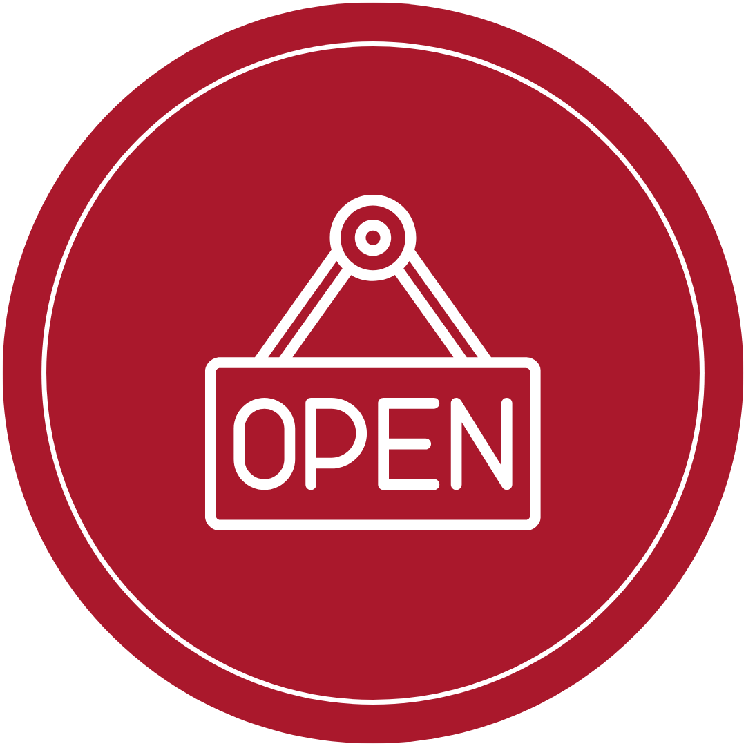 An open sign icon in a red circle.