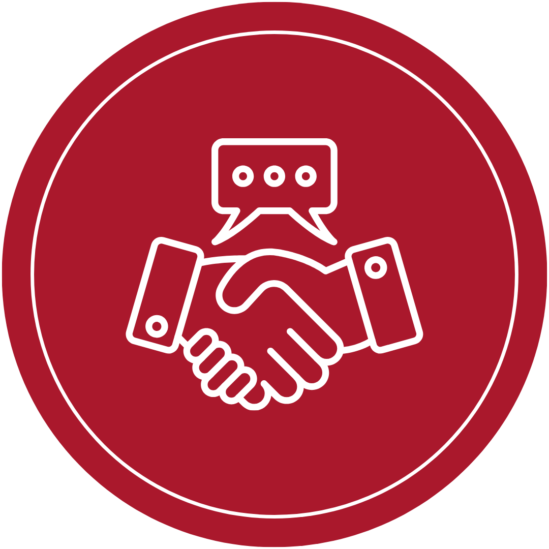 A handshake icon in a red circle.