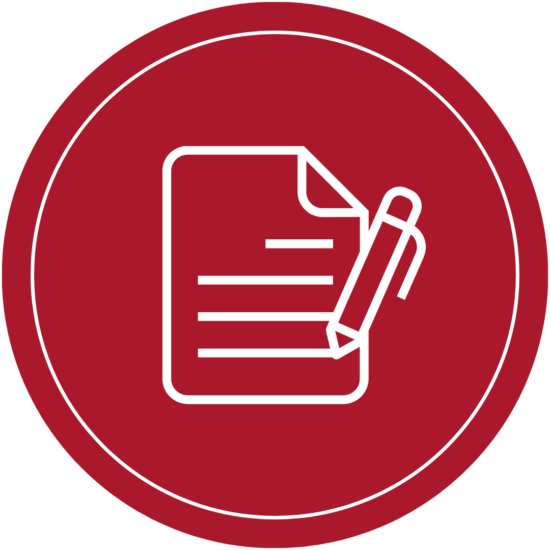 A contract icon in a red circle.
