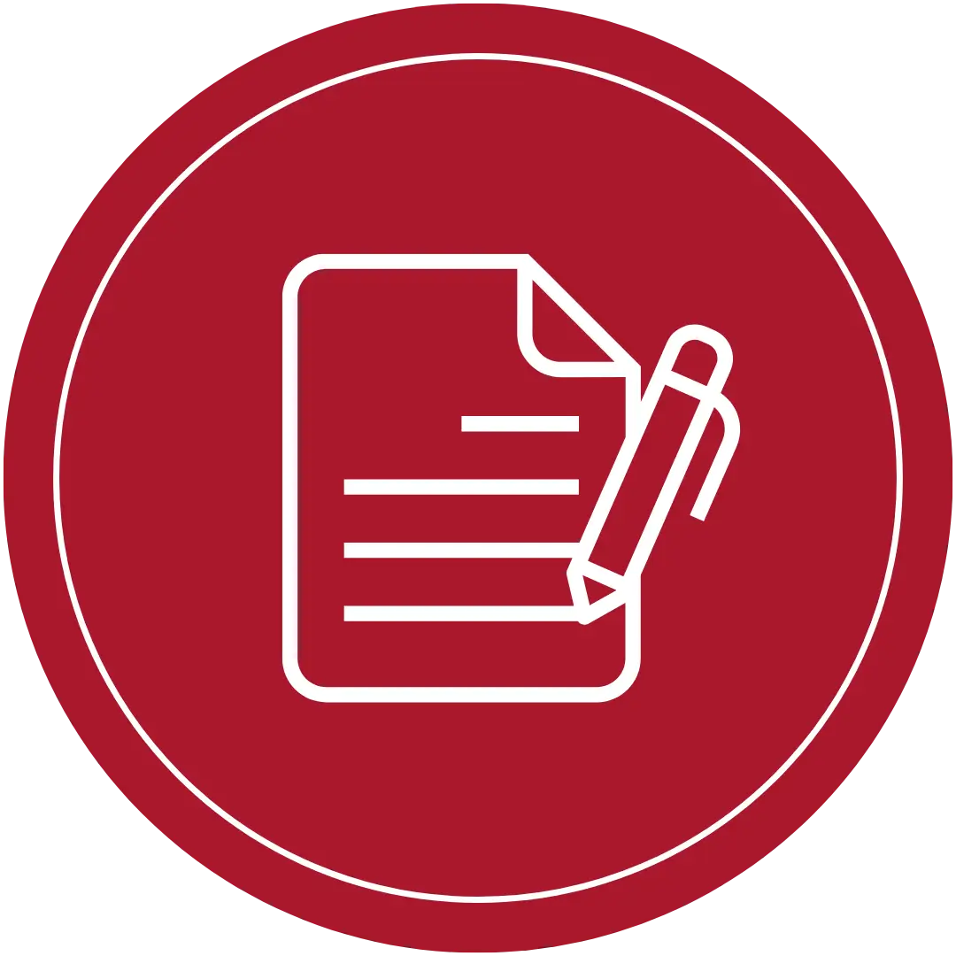 A contract icon in a red circle.