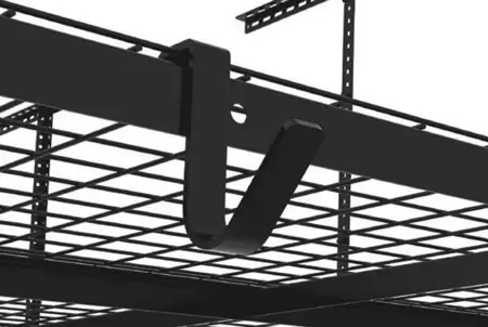 Close-up view of a black metal hanger bracket attached to a wire mesh grid structure, commonly used in construction or industrial settings for holding or supporting overhead installations. The background is white and shows part of the grid system.