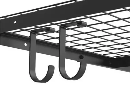 A close-up image of a black metal grid shelf with two sturdy black hooks hanging from it. The hooks are designed in an upside-down "J" shape, providing ample space for hanging various items. The overall look is minimalistic and utilitarian.