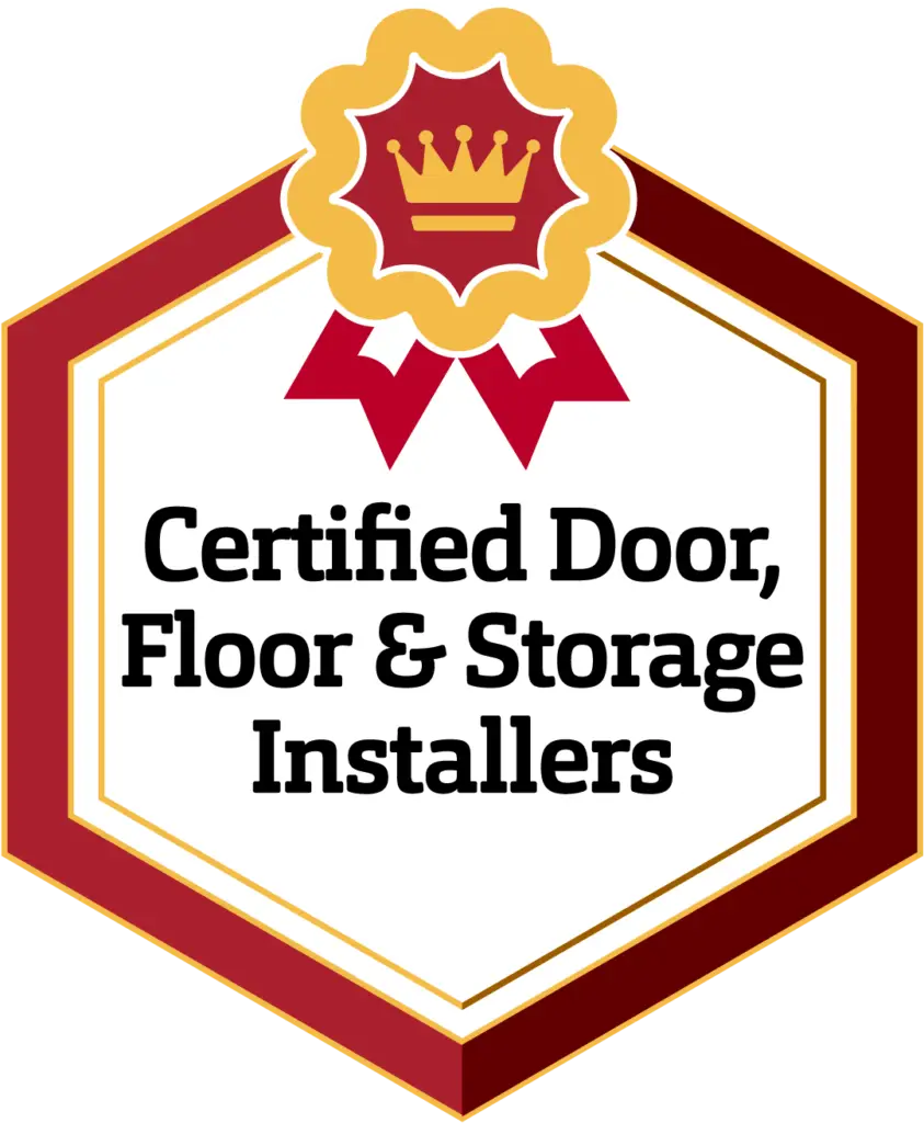 A badge design with a red and gold border. Inside, it features a gold crown at the top with red ribbons beneath it. Text in the center reads, "Certified Door, Floor & Storage Installers.