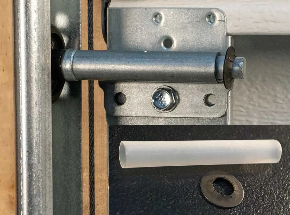 Close-up of a metal hinge mechanism attached to a wooden and metal frame, showing a cylindrical pin inserted through brackets. Below, there's a close-up inset of a small plastic tube and a metal washer on a dark surface.