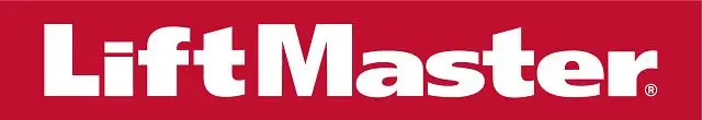 The image shows the LiftMaster logo. The background is red, and the text "LiftMaster" is written in bold, white letters.
