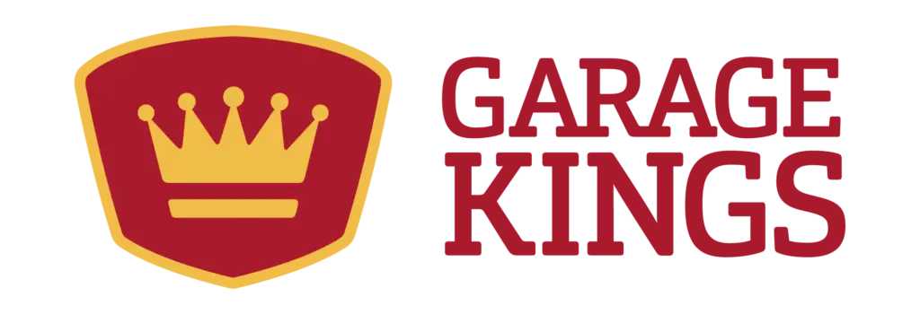 A logo featuring a red shield with a yellow crown inside next to the words "GARAGE KINGS" in bold, red uppercase letters.