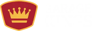 Logo of Garage Kings, featuring a maroon shield with a gold crown inside and the text "GARAGE KINGS" in bold, white uppercase letters to the right of the shield.