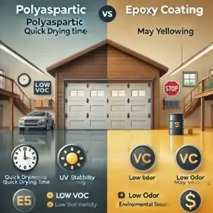 An infographic comparing polyaspartic and epoxy coating for garages. The polyaspartic side highlights quick drying, UV stability, and low VOC. The epoxy side features low odor, environmental seals, and potential yellowing. Both sides showcase a garage and their respective logos with polyaspartic advantages.