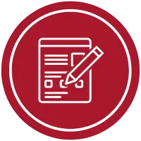 Icon depicting a pencil writing on a sheet of paper with checkboxes, representing the first steps in franchise ownership, all enclosed in a red circle.