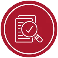 A red circular icon featuring a white outline of two documents. A magnifying glass with a check mark overlays the documents, symbolizing steps of review or approval in the ownership process.