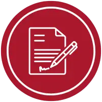 Icon of a white paper with text lines and a pen signing at the bottom, symbolizing ownership, enclosed in a red circle.