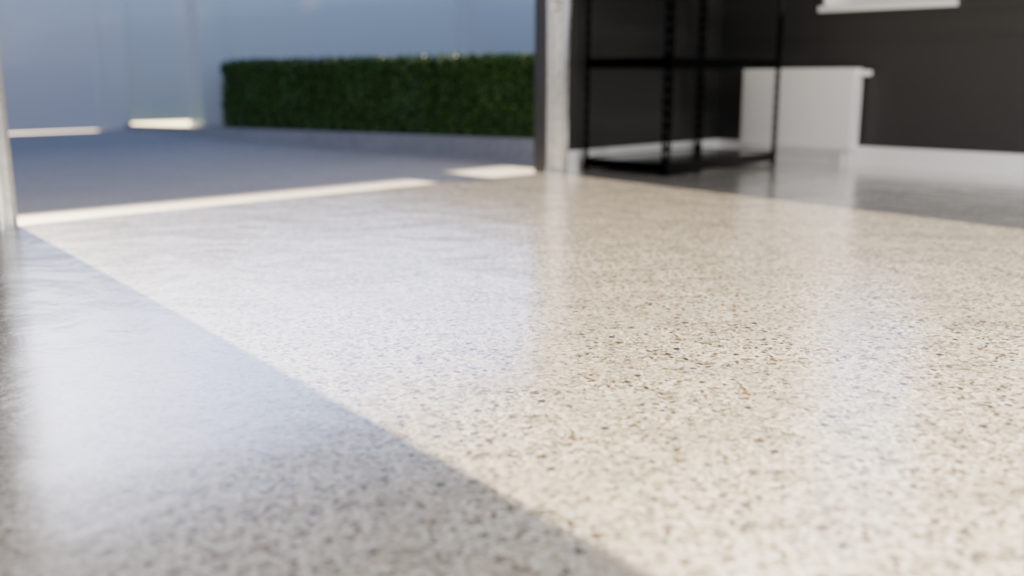 A sunlit indoor space with a shiny, speckled epoxy floor, white walls, and a dark accent wall. A hedge is visible outside, adding to the serene view of this partially shaded room.