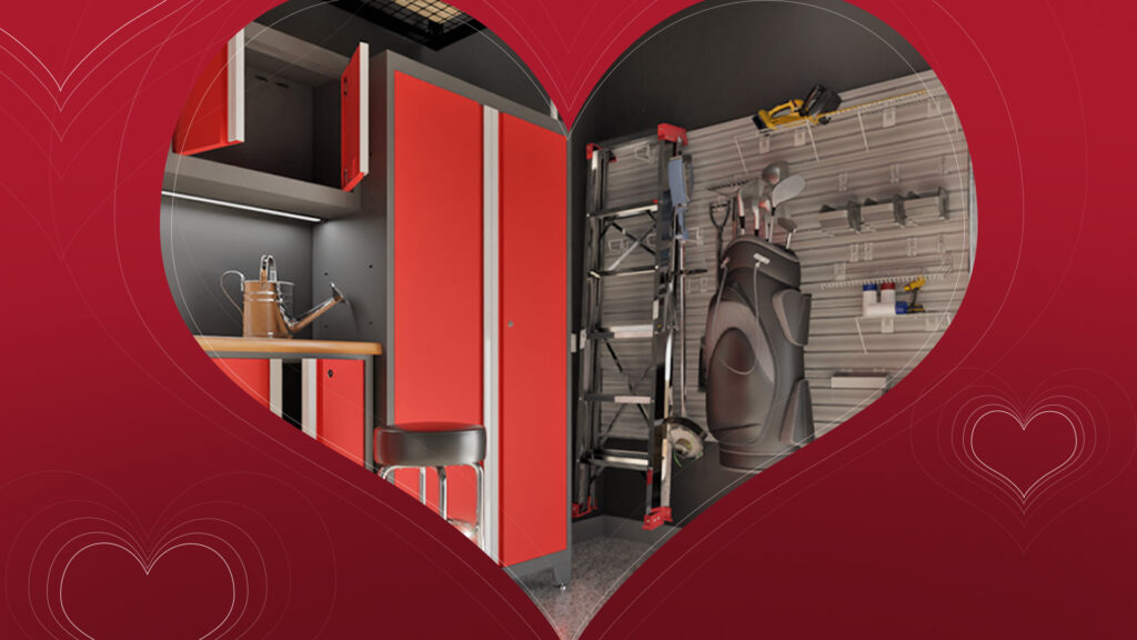 A garage storage area framed in a heart shape, perfect for February's charm, features red cabinets, a workbench with a stool, a ladder, and golf equipment neatly organized on a slat wall. The background is red with subtle heart patterns, making it an irresistible offer for any DIY enthusiast.