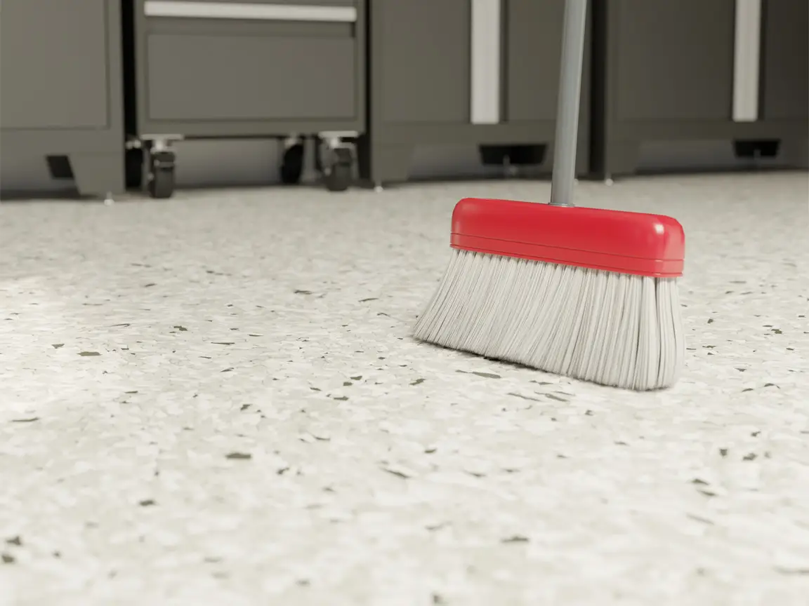 A close-up of a broom with white bristles and a red handle sweeping a light-colored, speckled floor; cabinets with wheels in the background hint at garage organization for a clutter-free space.