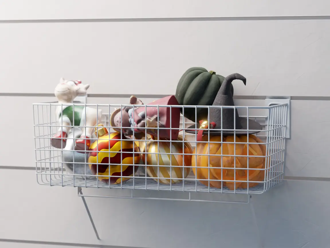 A metal wire basket mounted on a wall keeps your space clutter-free, filled with decorative pumpkins, a pumpkin with a witch hat, and various autumn and Halloween-themed ornaments.