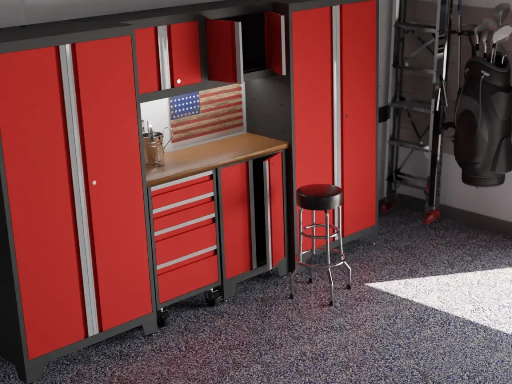 A garage workspace with red cabinets, a wooden workbench, an American flag wall decor, a stool, metal storage racks for added storage, and a set of golf clubs in the corner on a speckled floor—perfect for practical garage upgrades.
