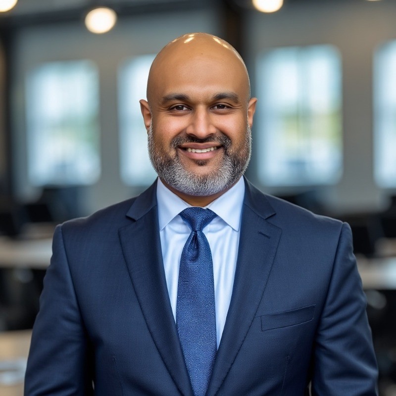A smiling man with a beard and shaved head wearing a navy blue suit, white shirt, and blue tie, stands in a modern office with blurred windows and lights, ready to explain the Franchise Difference.