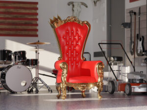 A luxurious red and gold throne with a crown rests in a modern garage, surrounded by musical instruments, a drum set, an American flag wall art, and lawn equipment—an unforgettable Father’s Day gift scene.