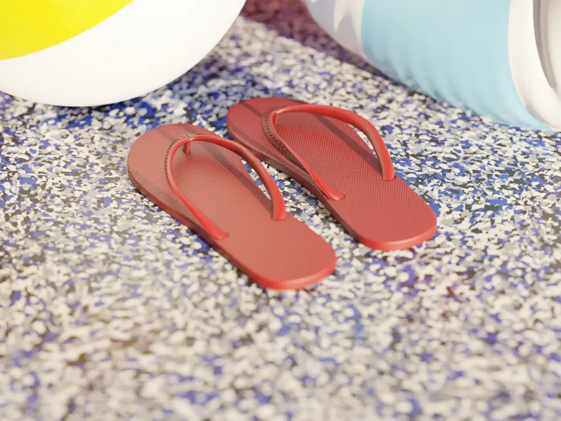 A pair of red flip-flops on a speckled surface, next to a colorful beach ball and part of a blue and white inflatable pool float—perfect for your next Promo Hero or Monthly Promotion display.