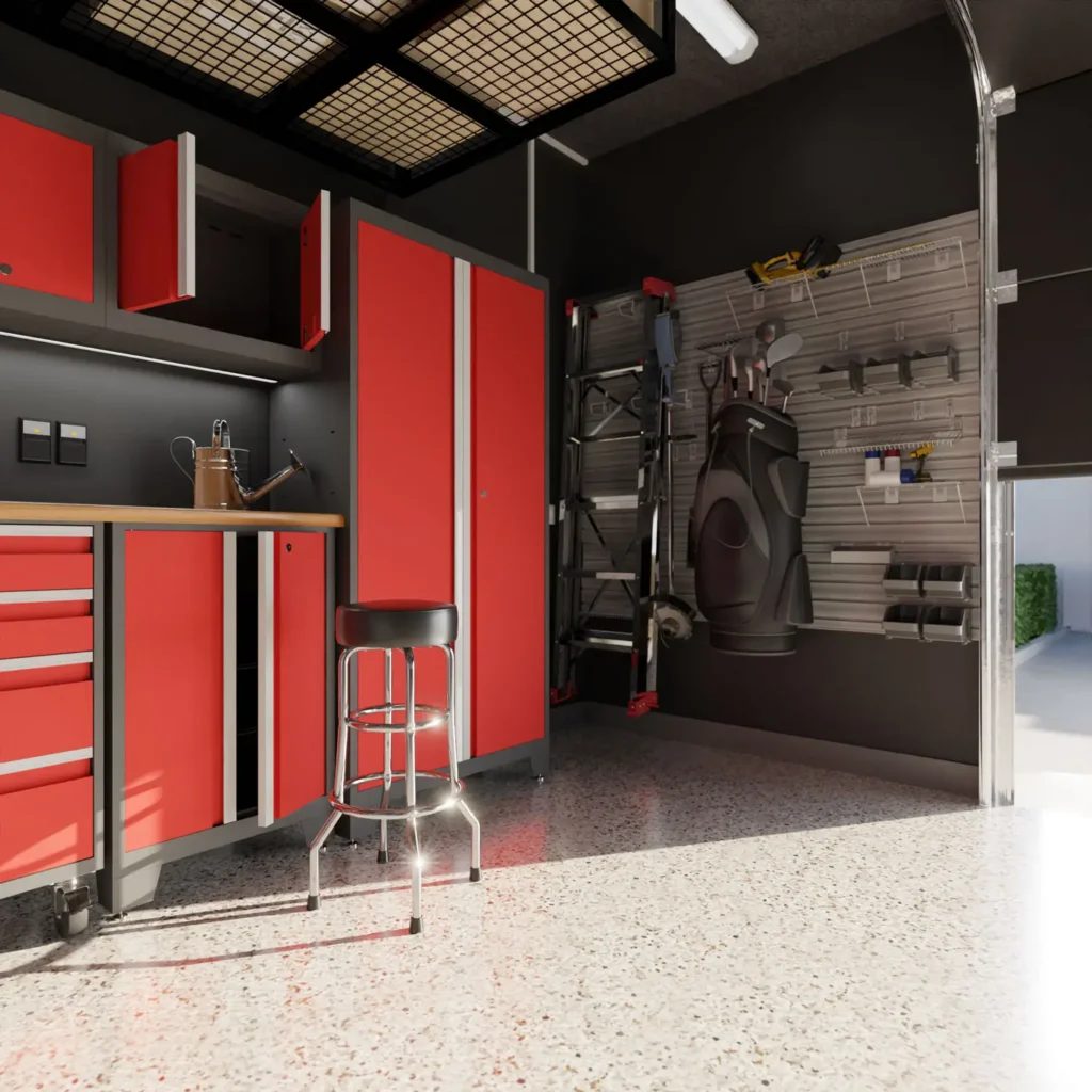 A clean, organized garage features red and black cabinets, a metal stool, golf clubs, and tools neatly on wall racks. Sunlight streams through the open garage door, making it the perfect Father’s Day gift idea for any garage enthusiast.