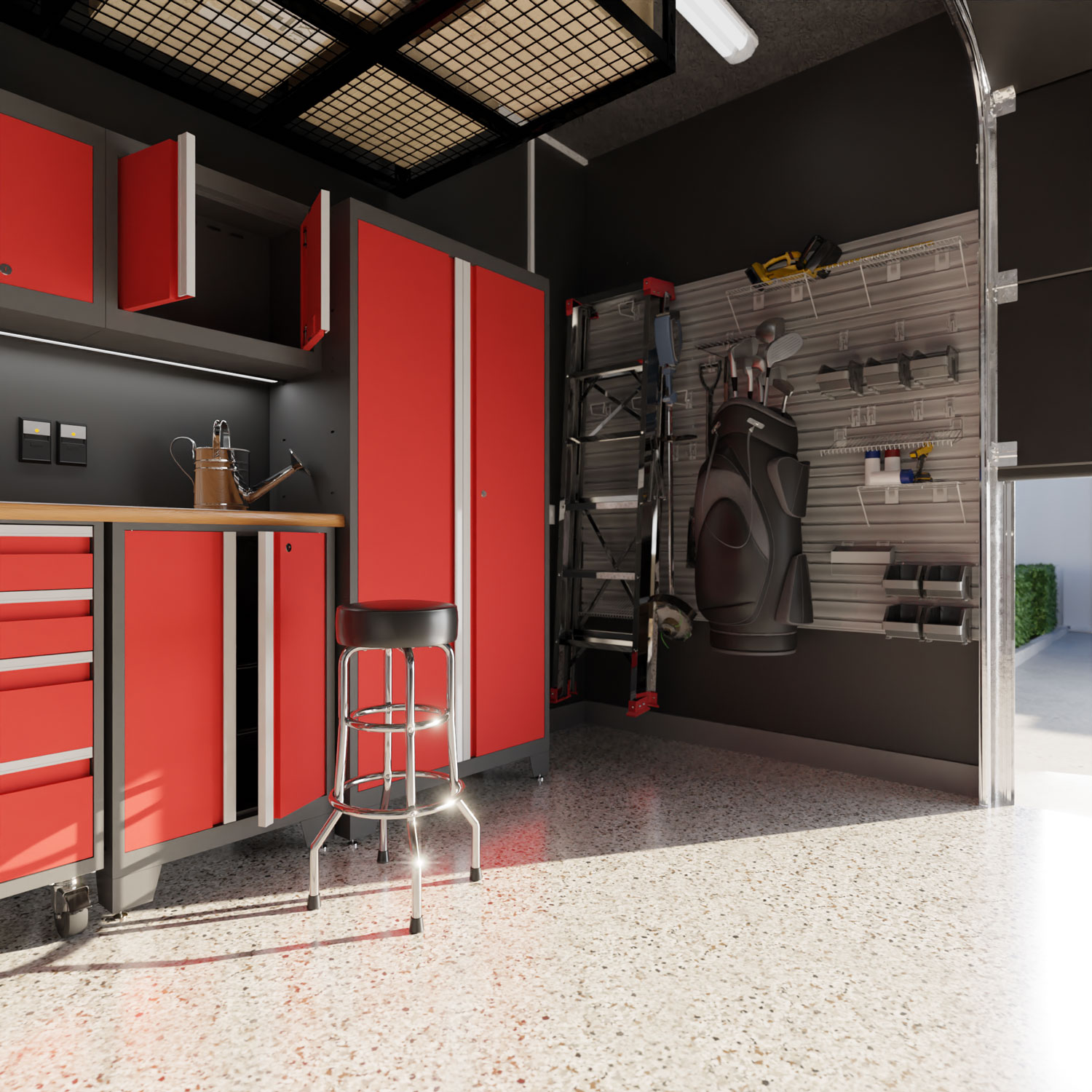 A clean, organized garage with red cabinets, a metal stool, golf clubs, and tools hanging on a slat wall—sunlight streams in through the open garage door, making this space the perfect Father’s Day gift for any dad who loves his garage.