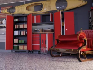 A garage makeover featuring red storage cabinets, shelves holding presents, a paddle, two tennis rackets, a yellow kayak mounted on the wall, and a decorative red sleigh seat in the foreground—perfect for winter preparation.
