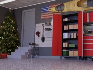 A decorated Christmas tree stands in a garage with gray walls, perfect for party hosting. Red cabinets hold wrapped gifts, while a yellow kayak and an American flag hang above neatly organized tools, creating a festive home celebration atmosphere.