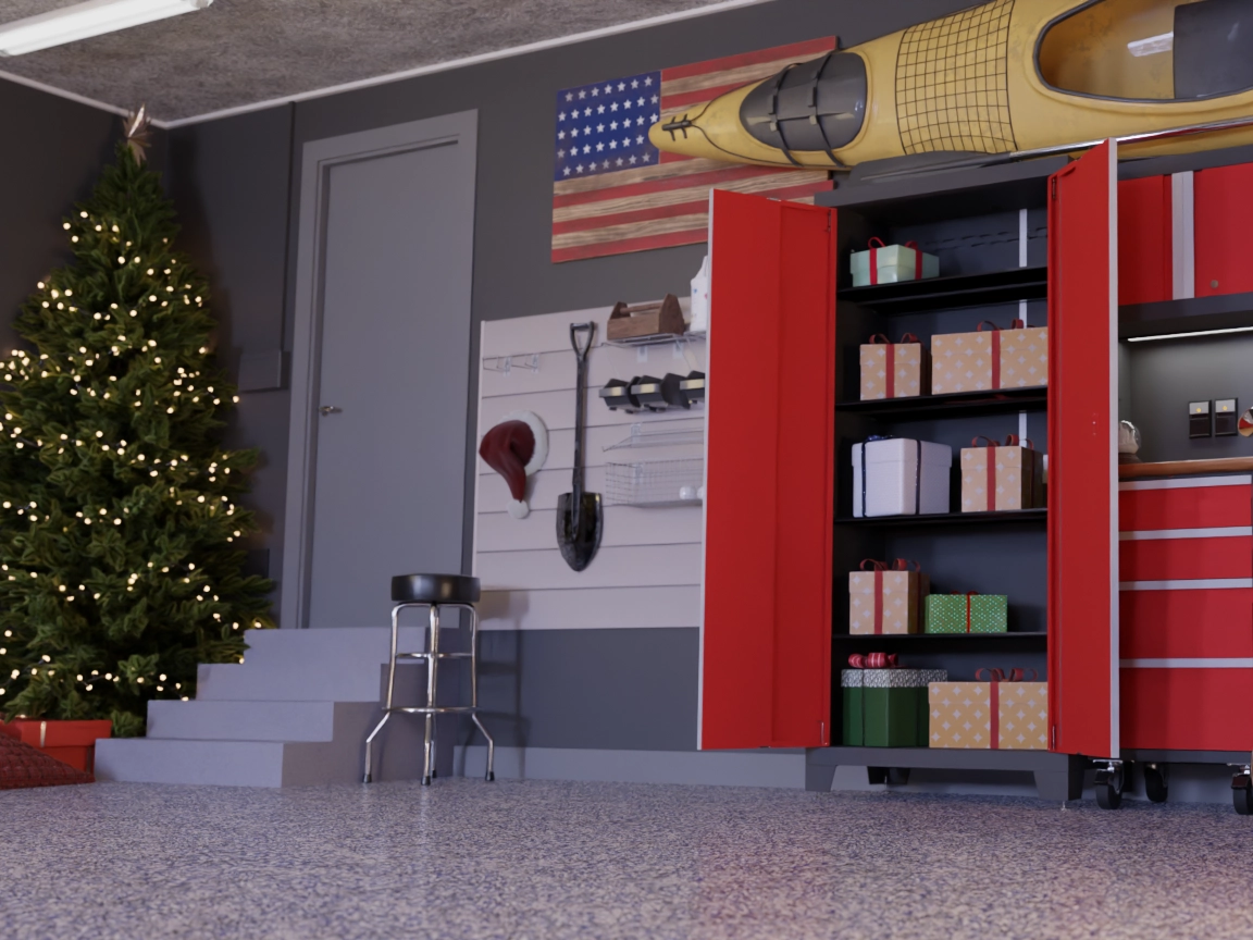 GK_Blog B_4x3_1125 | Garage Kings A decorated Christmas tree stands in a garage with gray walls, perfect for party hosting. Red cabinets hold wrapped gifts, while a yellow kayak and an American flag hang above neatly organized tools, creating a festive home celebration atmosphere.