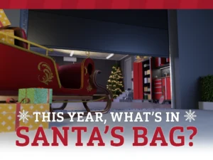 A sleigh filled with presents in a garage with a Christmas tree and festive décor in the background. Text reads: "This year, what's in Santa's bag?"—find perfect upgrade gift ideas from our 2025 gift guide!.