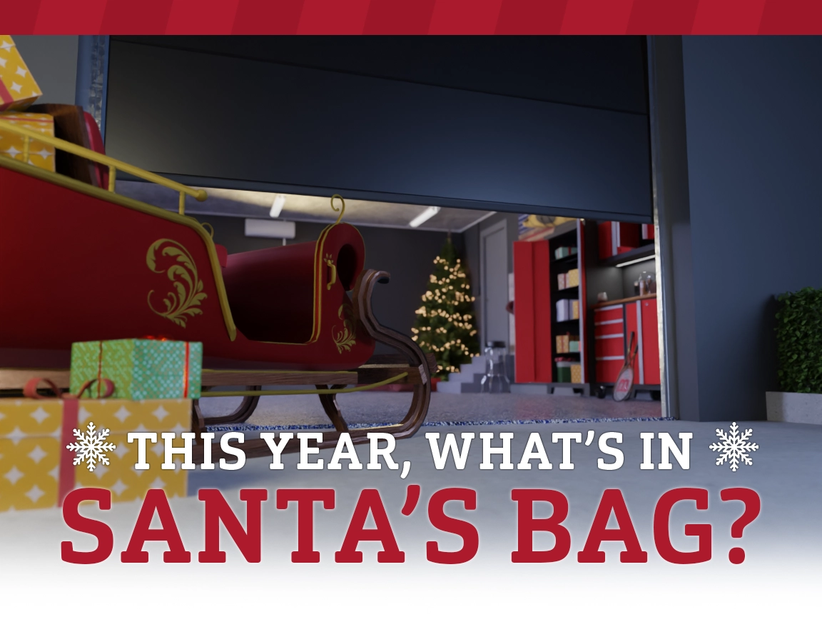 GK_Blog C_4x3_1125 | Garage Kings A sleigh filled with presents in a garage with a Christmas tree and festive décor in the background. Text reads: "This year, what's in Santa's bag?"—find perfect upgrade gift ideas from our 2025 gift guide!.