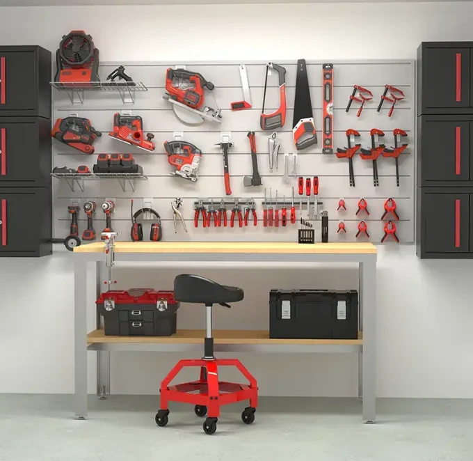 Garage restoration will make use of every inch of your garage with modular slatwall systems and overhead storage options.