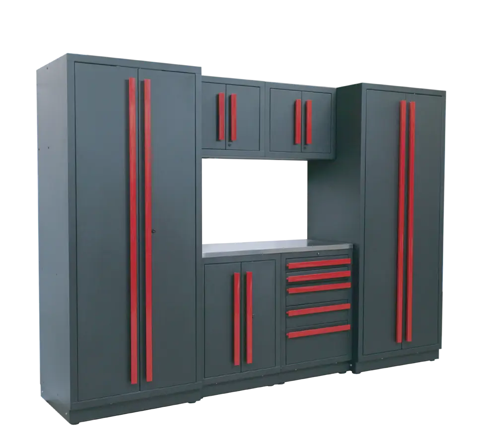 A large, modern Garage Cabinets storage system with tall and short cabinets, drawers, and shelves. The unit is dark gray with long red vertical handles and features a central open space for additional access.