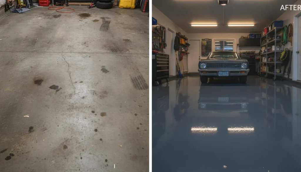 A professional garage floor concrete resurfacing transformation with high-gloss polyaspartic coating