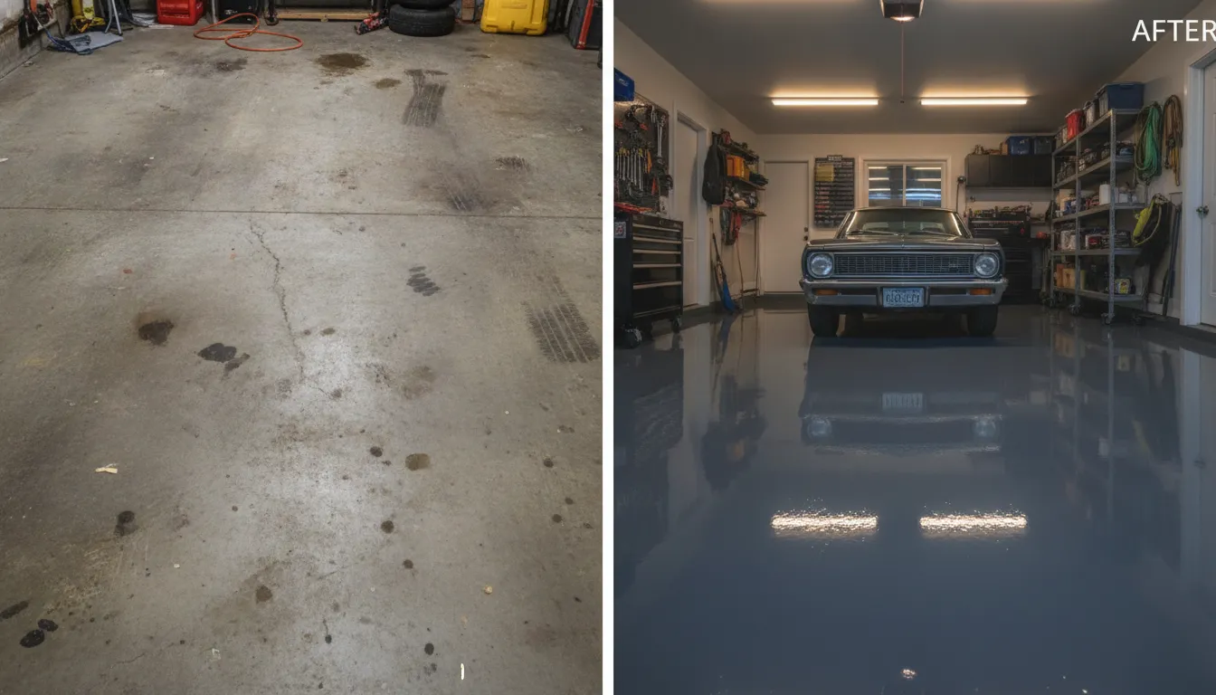 A professional garage floor concrete resurfacing transformation with high-gloss polyaspartic coating