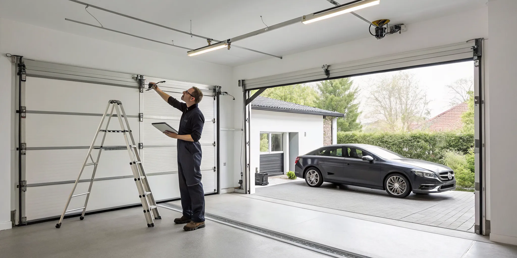 A professional technician performing a garage door repair.