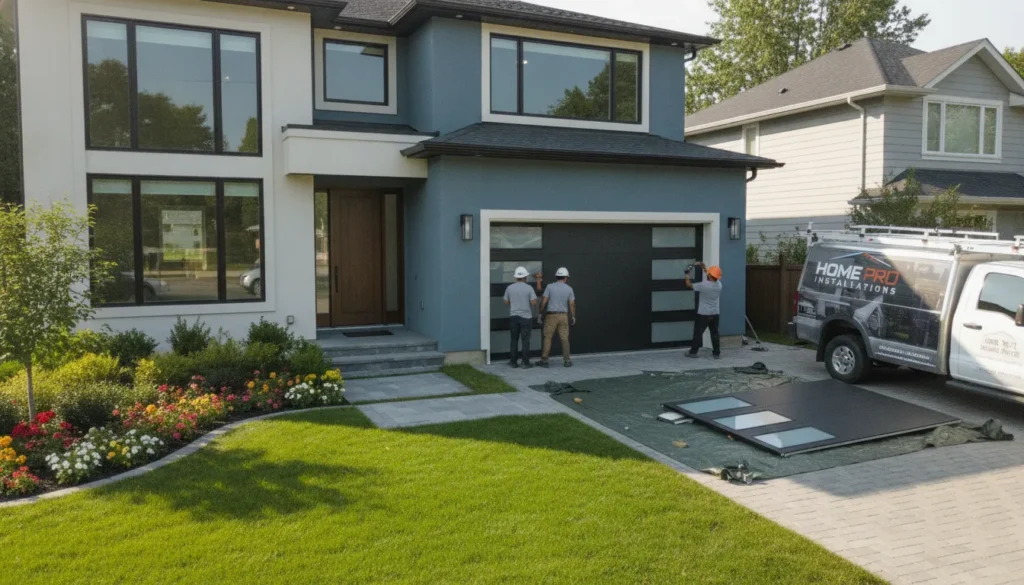Professional garage door installation on a modern suburban home
