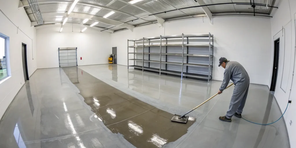 A person rolling a new epoxy floor onto a prepared garage floor.