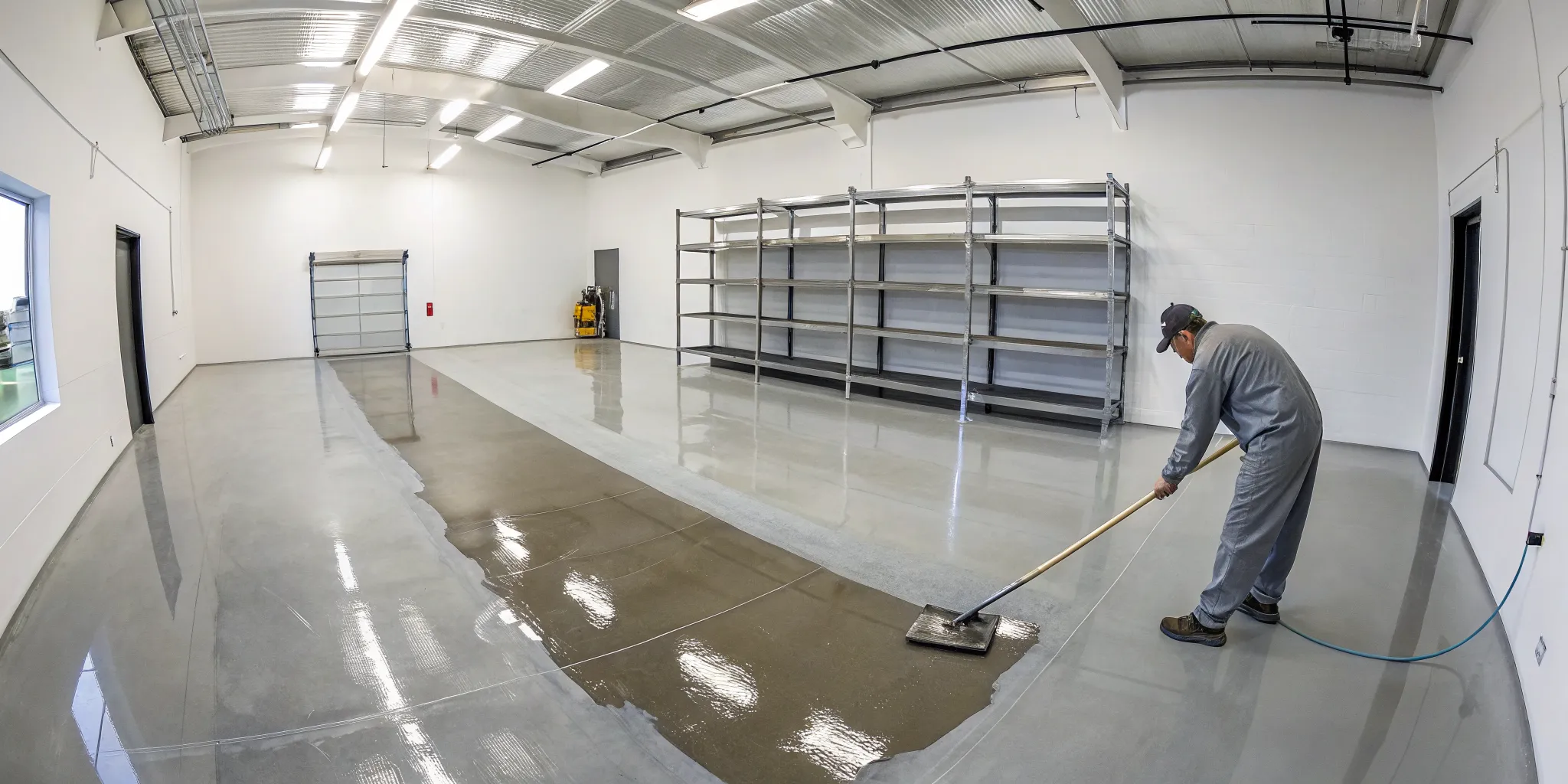 A person rolling a new epoxy floor onto a prepared garage floor.