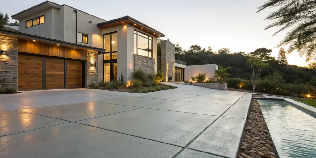 A large concrete driveway of a modern home protected with a high-quality sealer.