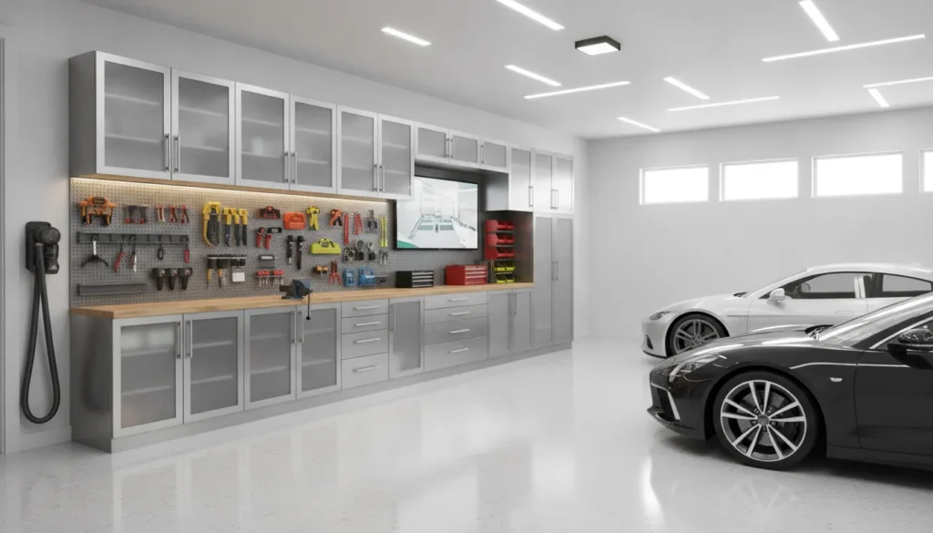 Modern garage with premium steel cabinets, slatwall system, and organized workbench