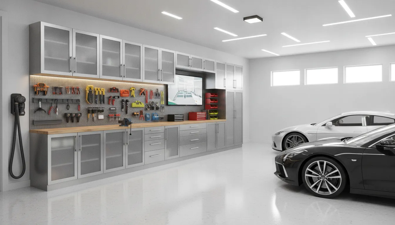 Modern garage with premium steel cabinets, slatwall system, and organized workbench