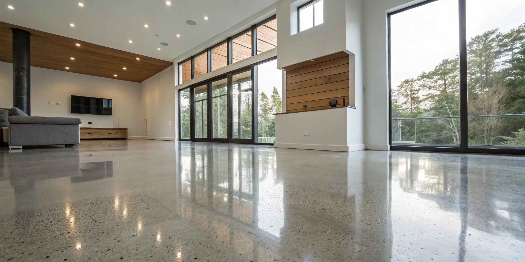 Polished concrete floor in a sunlit, modern living room.