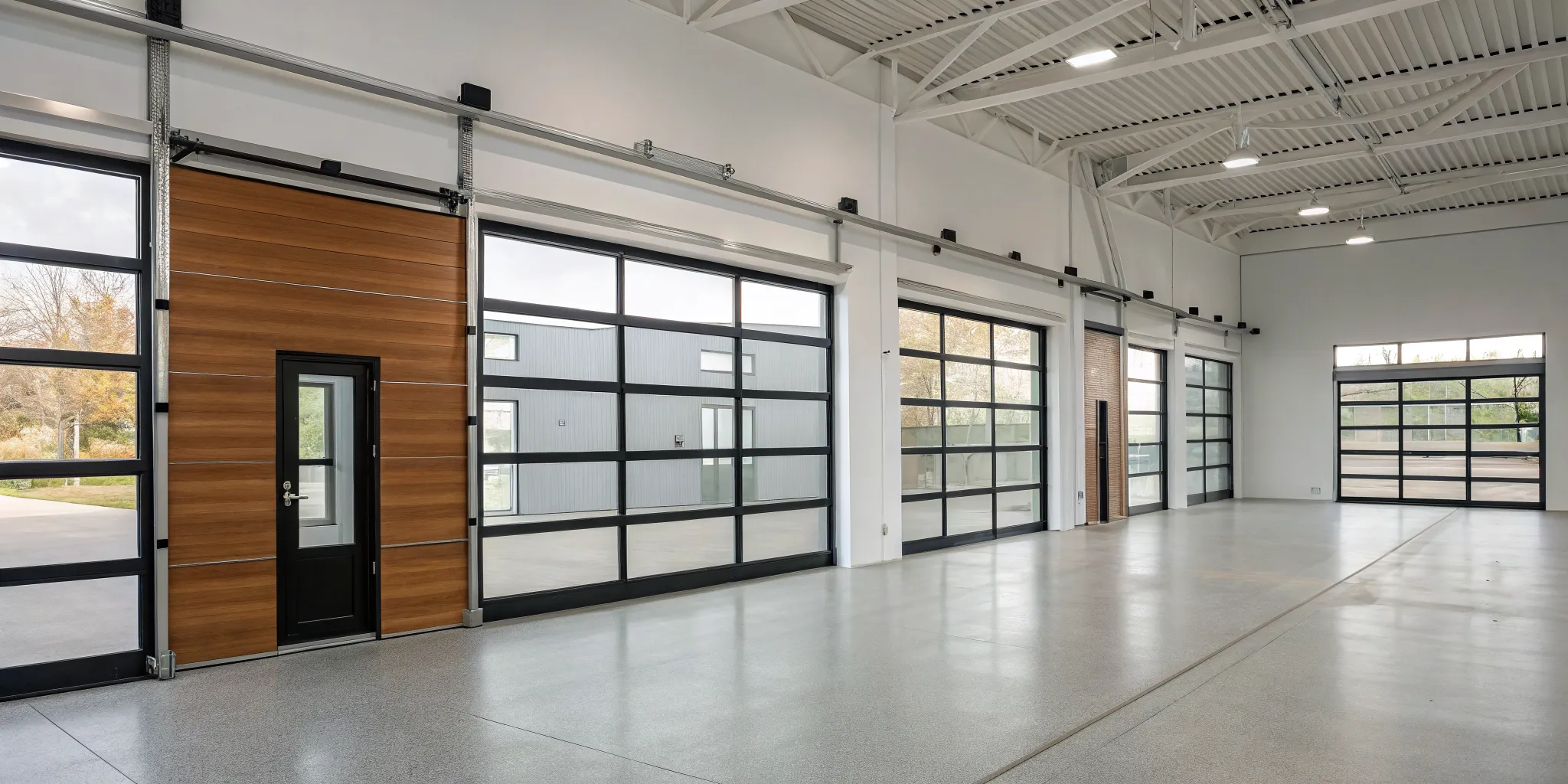 A home featuring several modern styles of glass and aluminum garage doors.
