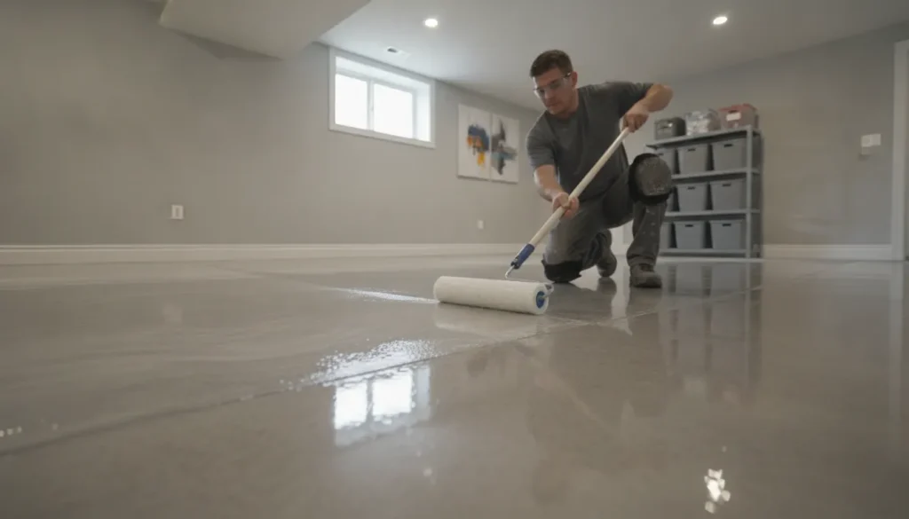 Professional technician applying a polyaspartic floor coating to a finished basement concrete floor