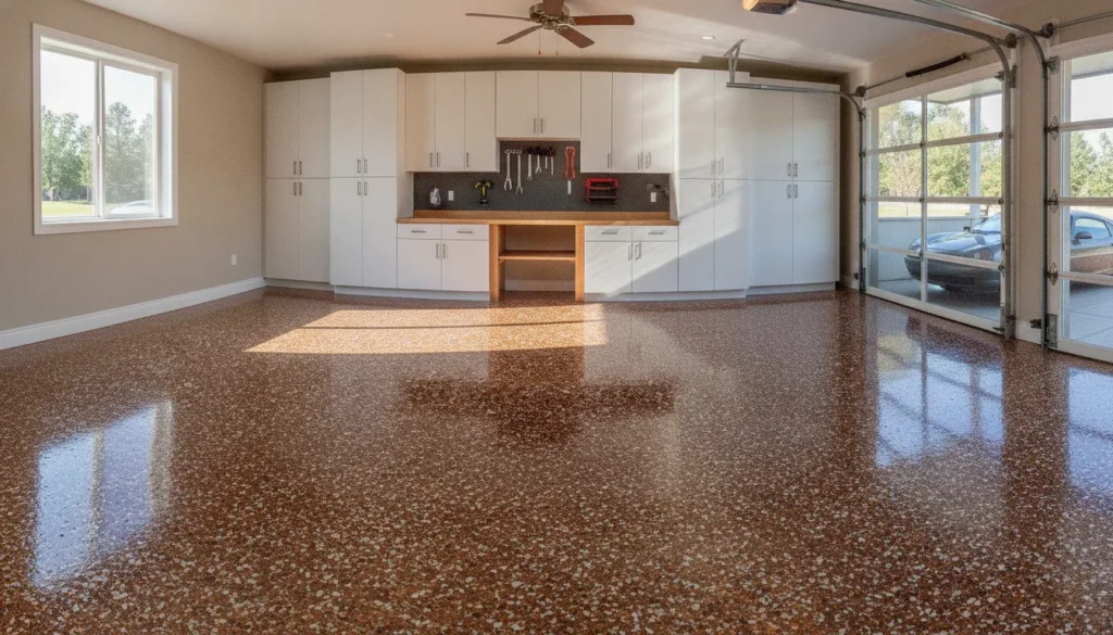 Garage Kings polyaspartic floor coating with decorative flake blend finish in a professional garage transformation