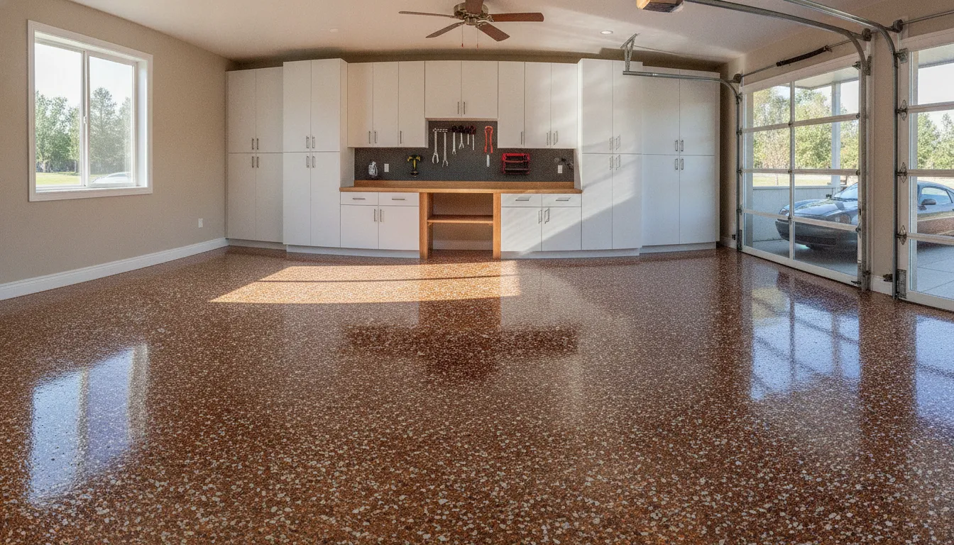 Garage Kings polyaspartic floor coating with decorative flake blend finish in a professional garage transformation