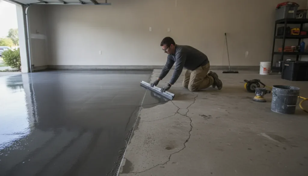Professional applying a fresh smooth floor coating over previously worn garage concrete